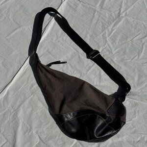 Iyiami Handbags Black Leather Charcoal Cotton Canvas Sling Bag